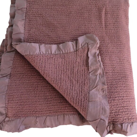 Vintage Acrylic Waffle Weave Blanket All Around Satin Trim Dark Brown USA Made - Picture 10 of 11